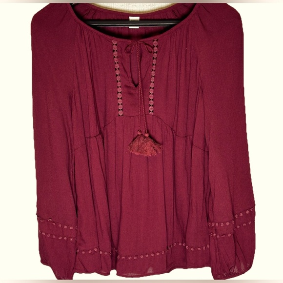 Old Navy Womens Burgundy Peasant Cottage Tassel Balloon Sleeve Blouse small - Picture 1 of 9